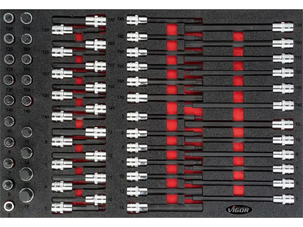 Nástrčné hlavice v pěnové výplni, Imbus, Torx, 1/2", 62 ks, VIGOR - V4727 - Prodejní hit