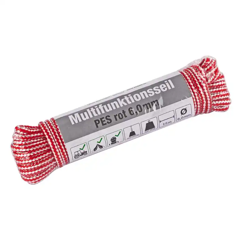 KesTek Multifunkční lano PES 15 m / 6 mm, červené - Speciální cena