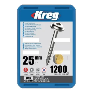 Kreg Zinc Maxi-Loc Šrouby pro skryté spoje - 25 mm, hrubý závit, 1200 ks | Profesionální kvalita