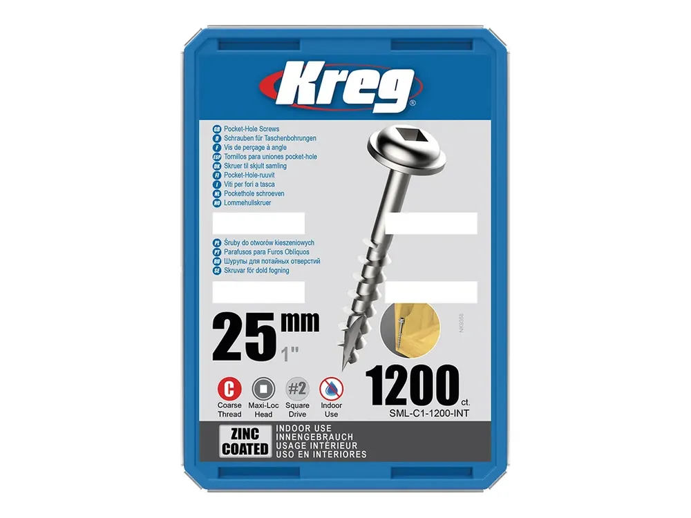 Kreg Zinc Maxi-Loc Šrouby pro skryté spoje - 25 mm, hrubý závit, 1200 ks | Profesionální kvalita