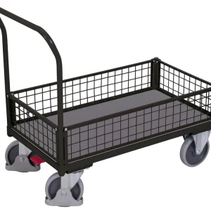 Plošinový vozík s madlem, nízké mřížové bočnice, Variofit, ložná plocha 86 x 45 cm, do 400 kg, modrá/antracit | Sleva