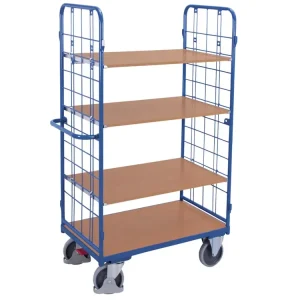 Vysoký policový vozík s madlem, mřížové bočnice, 4 police, Variofit, ložná plocha 100 x 70 cm, do 500 kg, modrá/antracit | Objednat online