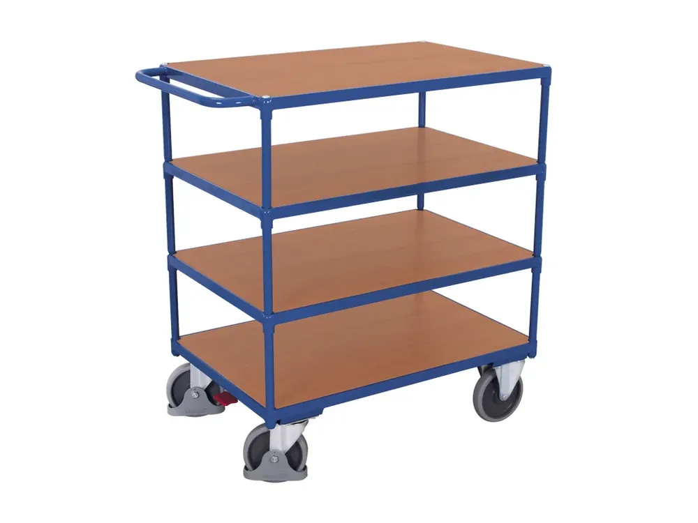 Policový vozík s madlem, 4 police, Variofit, ložná plocha 100 x 70 cm, do 500 kg, modrá/antracit | Oblíbený produkt