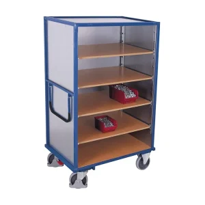 Vysoký skříňový vozík s madlem, 3 plné stěny, 5 polic, Variofit, ložná plocha 124 x 78 cm, do 500 kg, modrá/antracit - Rychle mizí