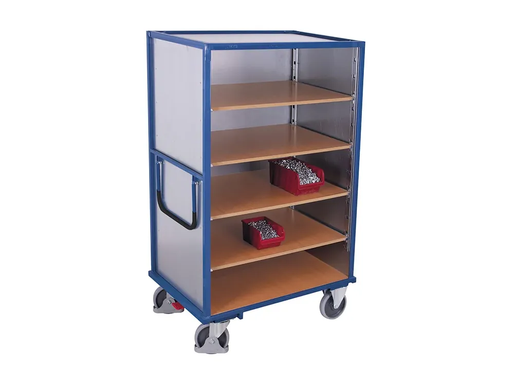 Vysoký skříňový vozík s madlem, 3 plné stěny, 5 polic, Variofit, ložná plocha 124 x 78 cm, do 500 kg, modrá/antracit - Rychle mizí