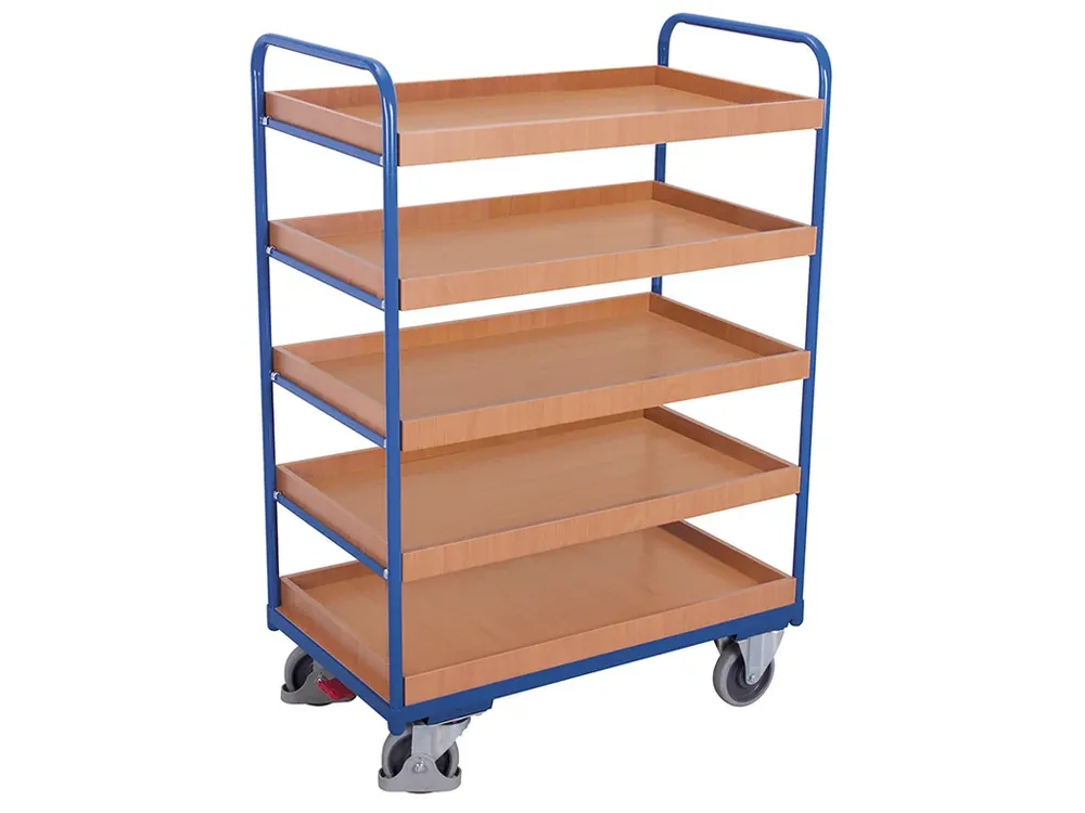 Vysoký policový vozík do 250 kg, 5 polic s ohraněním, Variofit, ložná plocha 96 x 55 cm, do 250 kg, modrá/antracit - Skvělá cena