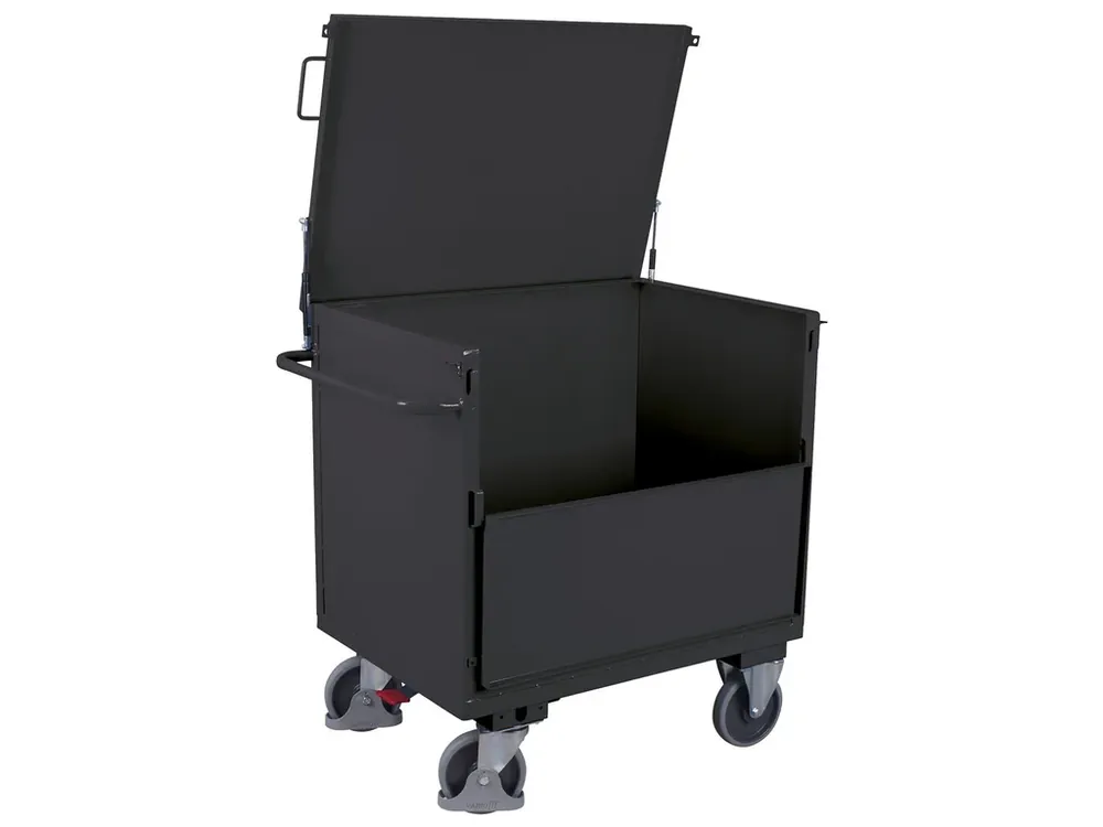 Plechový uzavíratelný skříňový vozík s víkem, Variofit, ložná plocha 99 x 69 cm, do 500 kg, 2 sklopné stěny, modrá/antracit - Velmi oblíbený produkt