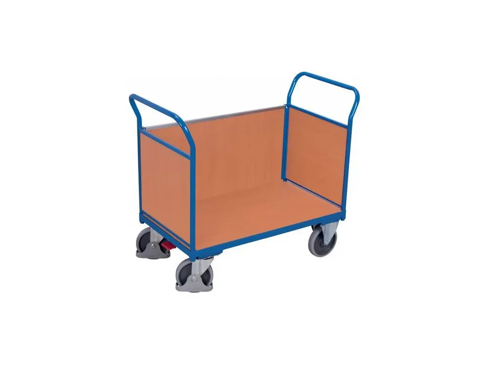Plošinový vozík se dvěma madly a boční stěnou s plnou výplní, Variofit, ložná plocha 120 x 77 cm, do 500 kg, modrá/antracit | Akční cena