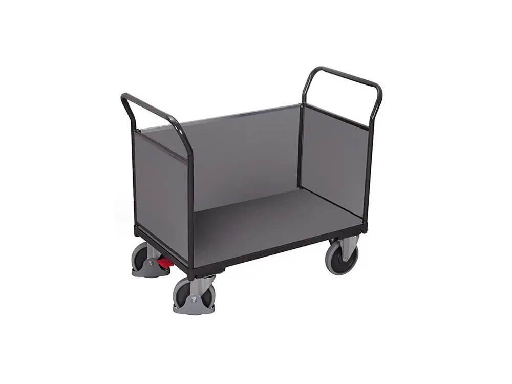 Plošinový vozík se dvěma madly a boční stěnou s plnou výplní, Variofit, ložná plocha 100 x 67 cm, do 500 kg, modrá/antracit - Přidat do košíku