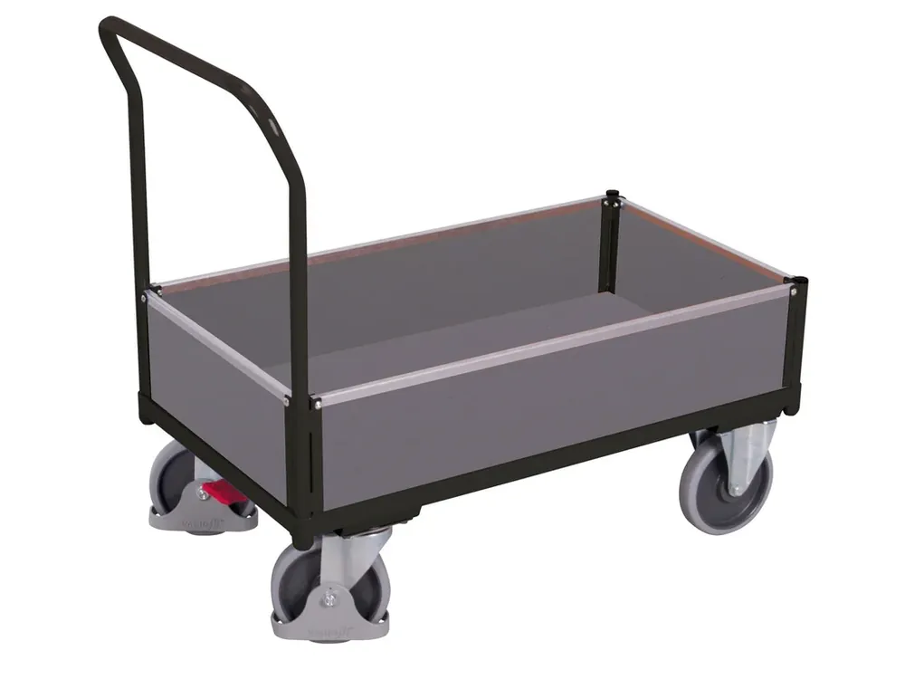 Tovární cena | Plošinový vozík s madlem, nízké plné bočnice, Variofit, ložná plocha 101 x 65 cm, do 500 kg, modrá/antracit