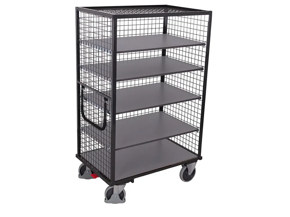 Ušetřete | Vysoký skříňový vozík s madlem a mřížovými stěnami, Variofit, 5 polic (123 x 75 cm), do 500 kg, modrá/antracit