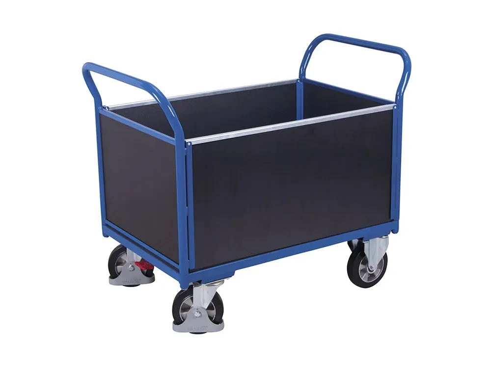 Přidat do košíku - Plošinový vozík se dvěma madly a bočními stěnami s plnou výplní, Variofit, ložná plocha 99 x 65 cm, do 1 000 kg, modrá/antracit