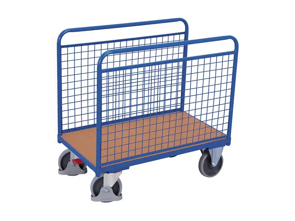 Plošinový vozík se dvěma mřížovými stěnami, Variofit, ložná plocha 106 x 54 cm, do 400 kg, modrá/antracit - Prodejní hit