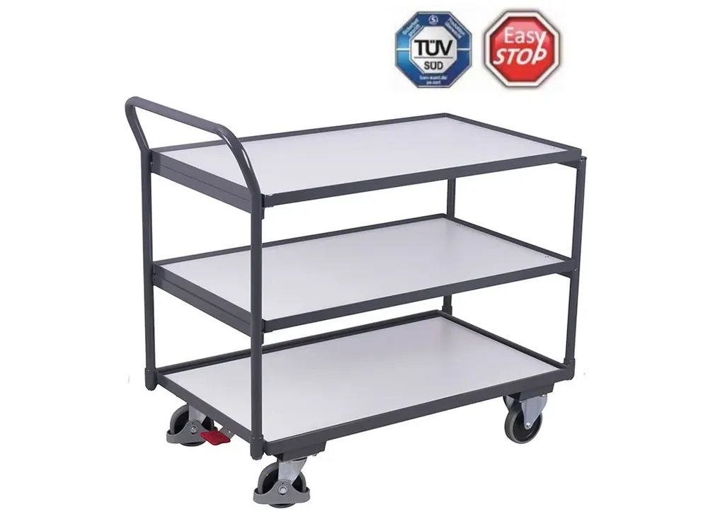 Extra sleva - Antistatický policový vozík s madlem, Variofit, 3 police (83 x 49 cm), do 250 kg