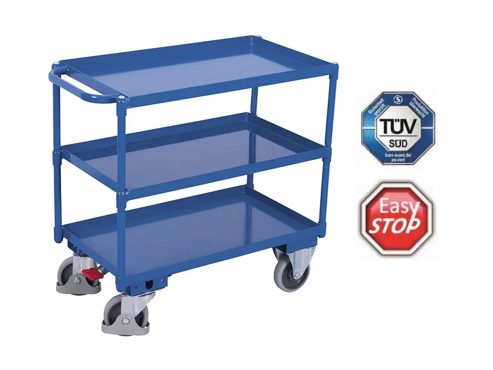 Policový vozík s madlem, Variofit, 3 police s ohraněním (99 x 69 cm), do 400 kg, modrá/antracit | Výhodný nákup