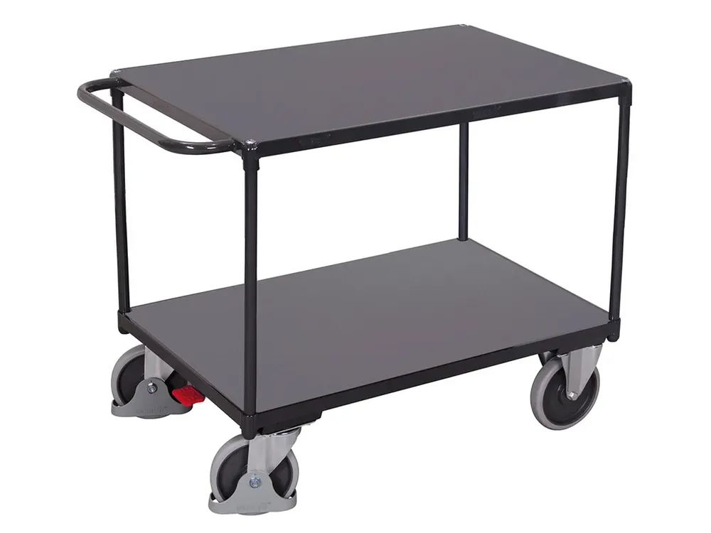 Policový vozík s madlem, Variofit, ložná plocha 85 x 50 cm, do 400 kg, 2 police, modrá/antracit | Cenový hit