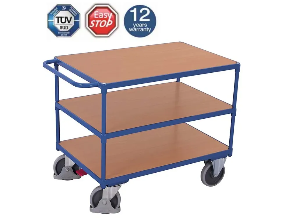 Nově k dispozici | Policový vozík s madlem, Variofit, 3 police (85 x 50 cm), do 400 kg, modrá/antracit