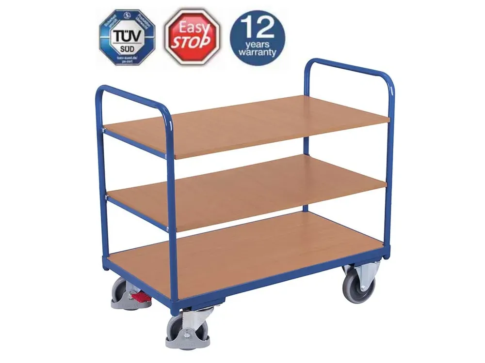 Policový vozík s madlem, Variofit, 2 police, ložná plocha 120 x 80 cm, do 500 kg, modrá/antracit | Cenový hit