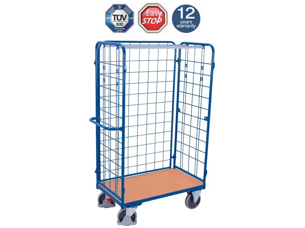 Ihned k objednání | Vysoký policový vozík s madlem, mřížové bočnice, Variofit, 1 police (120 x 80 cm), do 500 kg, modrá/antracit